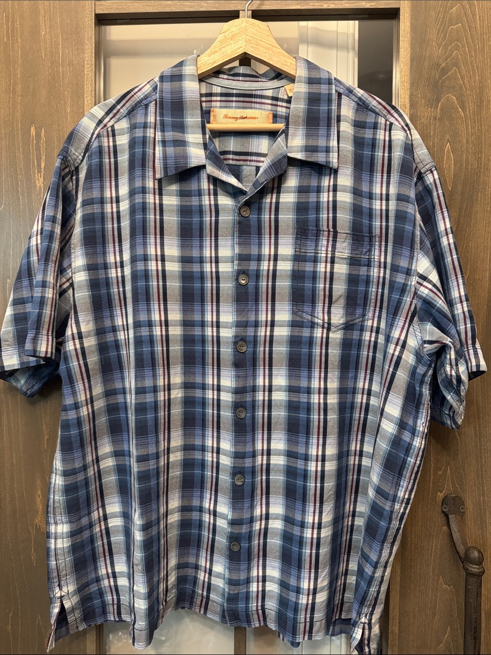 Vintage Tommy Bahama 100% Silk Button Up Short‎ Sleeve Shirt Plaid Blue